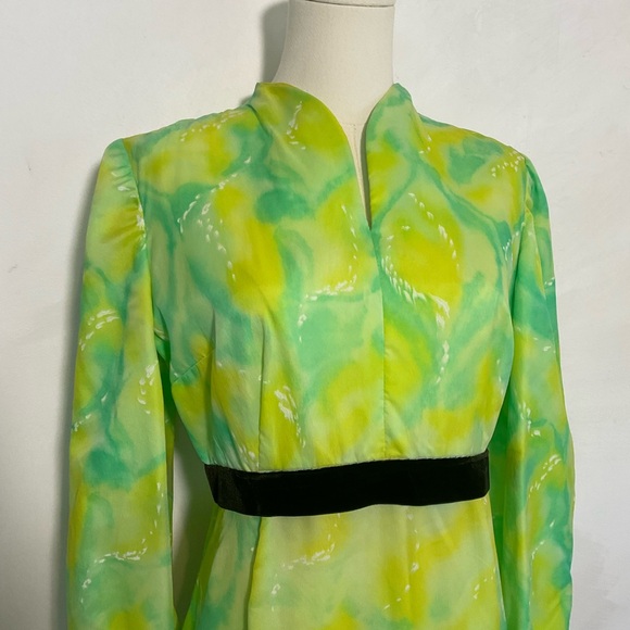 Vintage 70s Dress Green Yellow Maxi Chiffon Long Longsleeve Gown‎ Size Medium - Picture 3 of 10